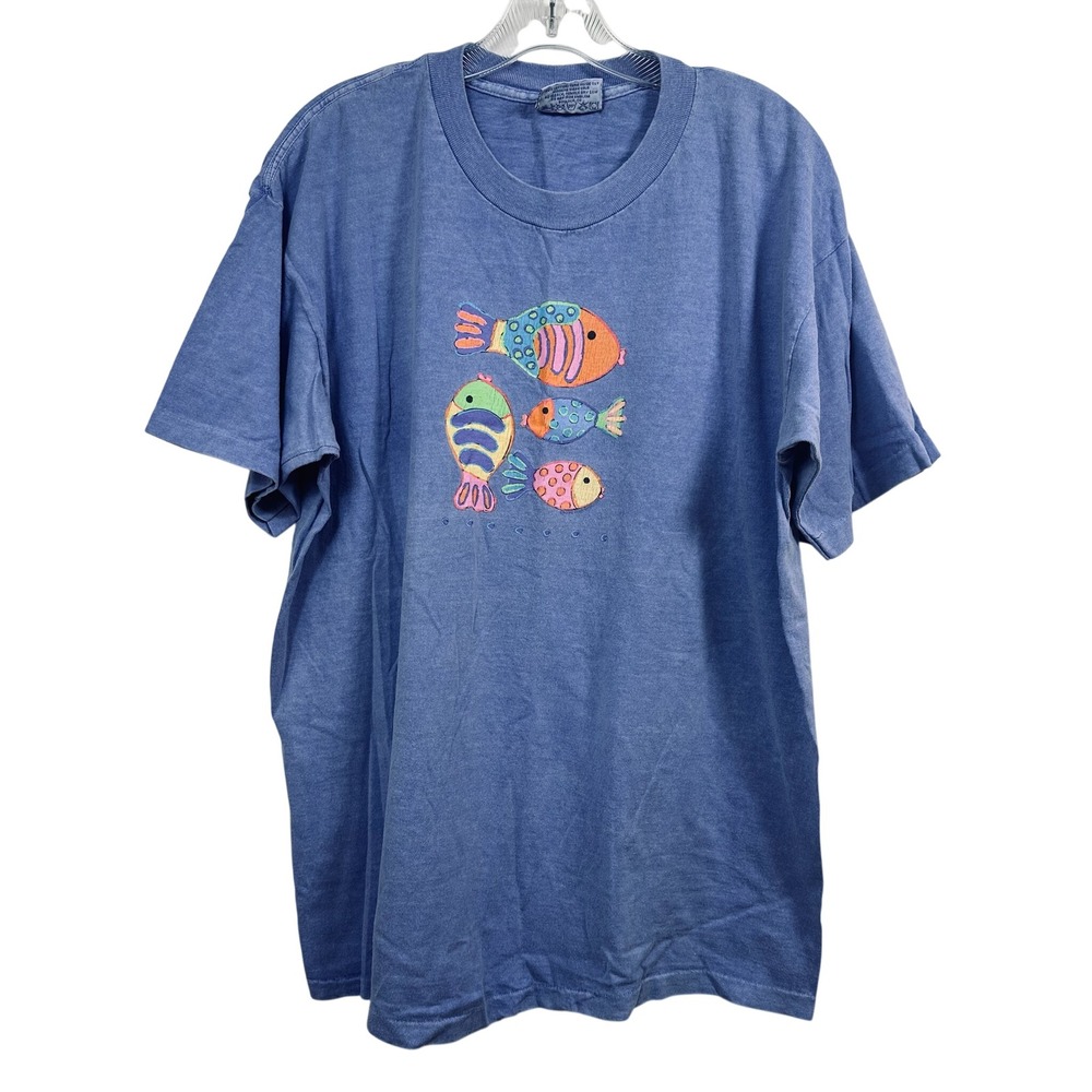 Fresh Produce Vintage Fish Graphic T-Shirt Periwinkle Blue Cotton Large USA Made